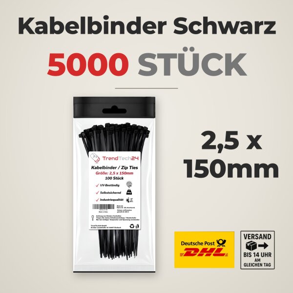50x 100 Stück Kabelbinder Schwarz 2,5 x 150 mm