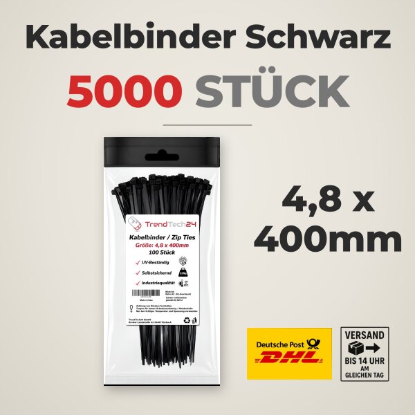 50x 100 Stück Kabelbinder Schwarz 4,8 x 400 mm