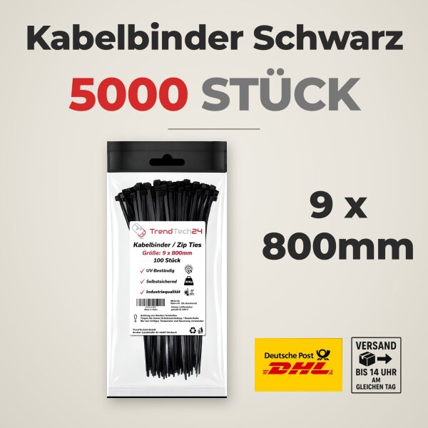 50x 100 Stück Kabelbinder Schwarz 9 x 800 mm