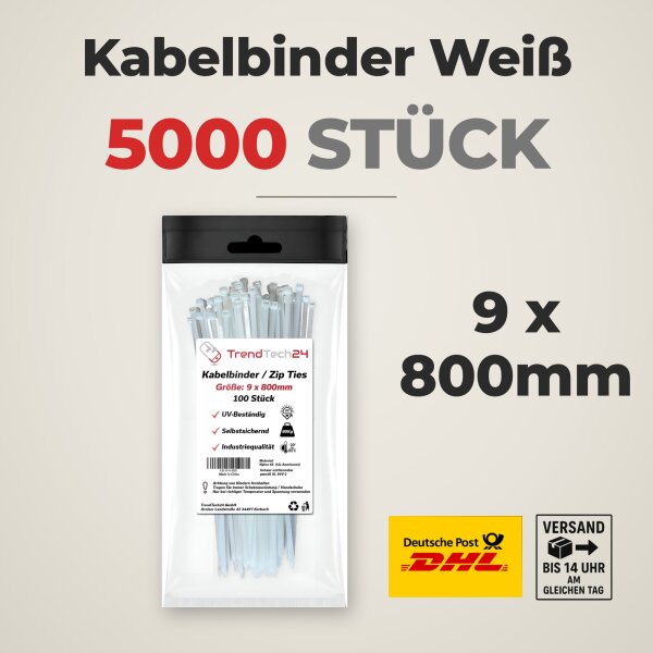 50x 100 Stück Kabelbinder Weiß 9 x 800 mm